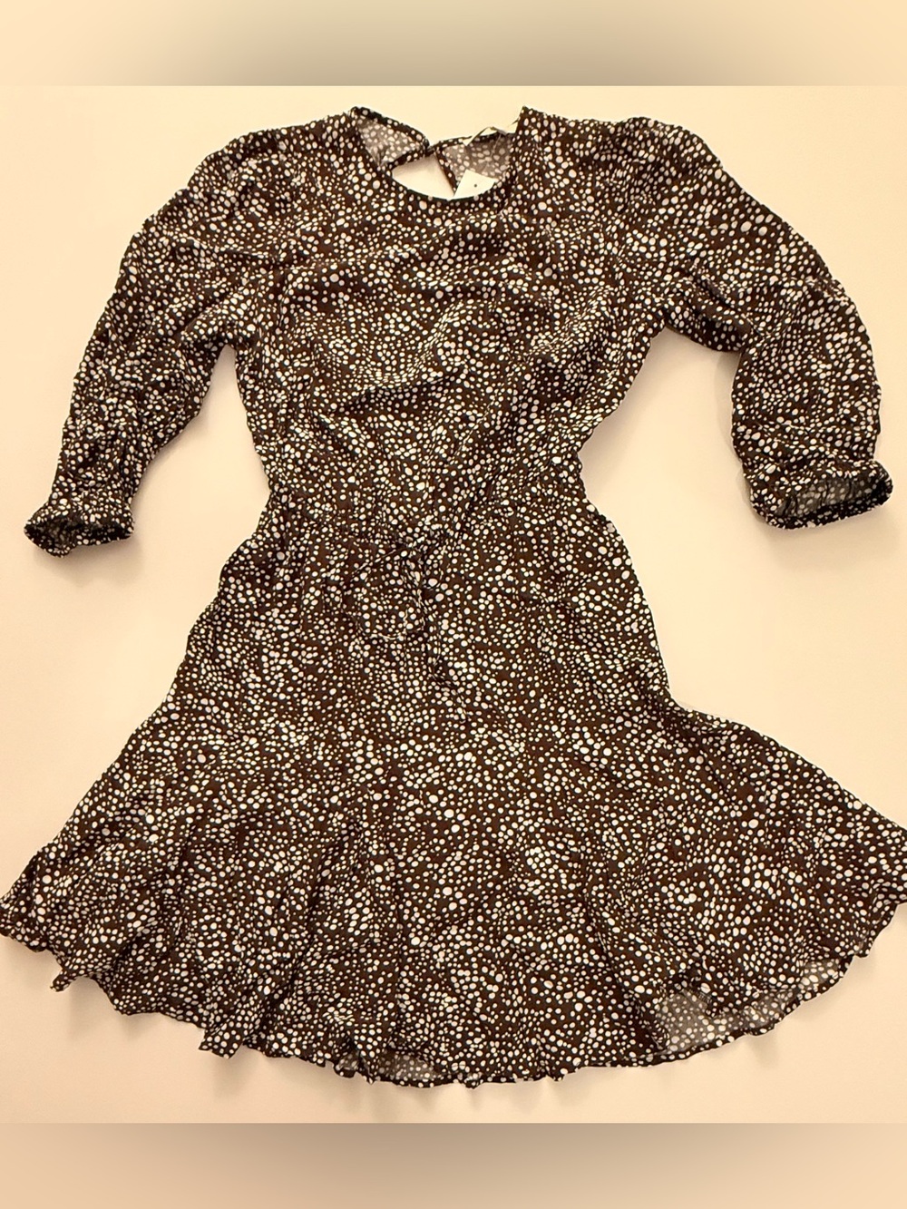 NWT LOFT Brown White Dot Print Puff Sleeve Tiered Mini Dress XS